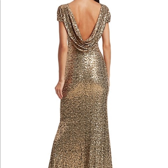 Badgley Mischka,Sequin Cowl Back Gown, rose gold, short sleeves, concealed zip. - Picture 9 of 11